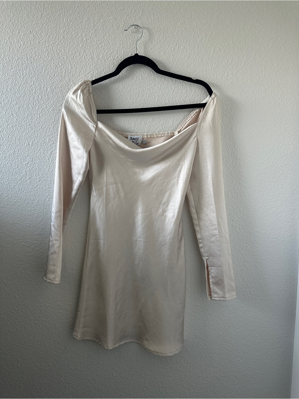Princess Polly Cream Satin Off-Shoulder Long Sleeve Mini Dress